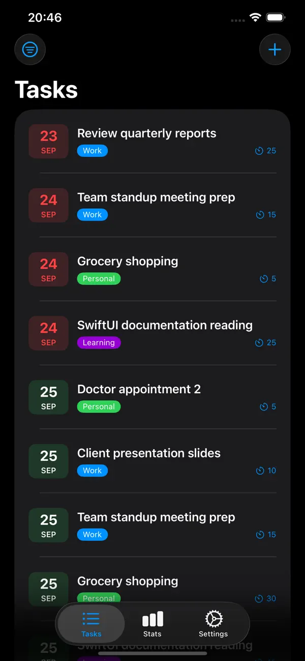 Task list showing colour-coded tasks by category and date