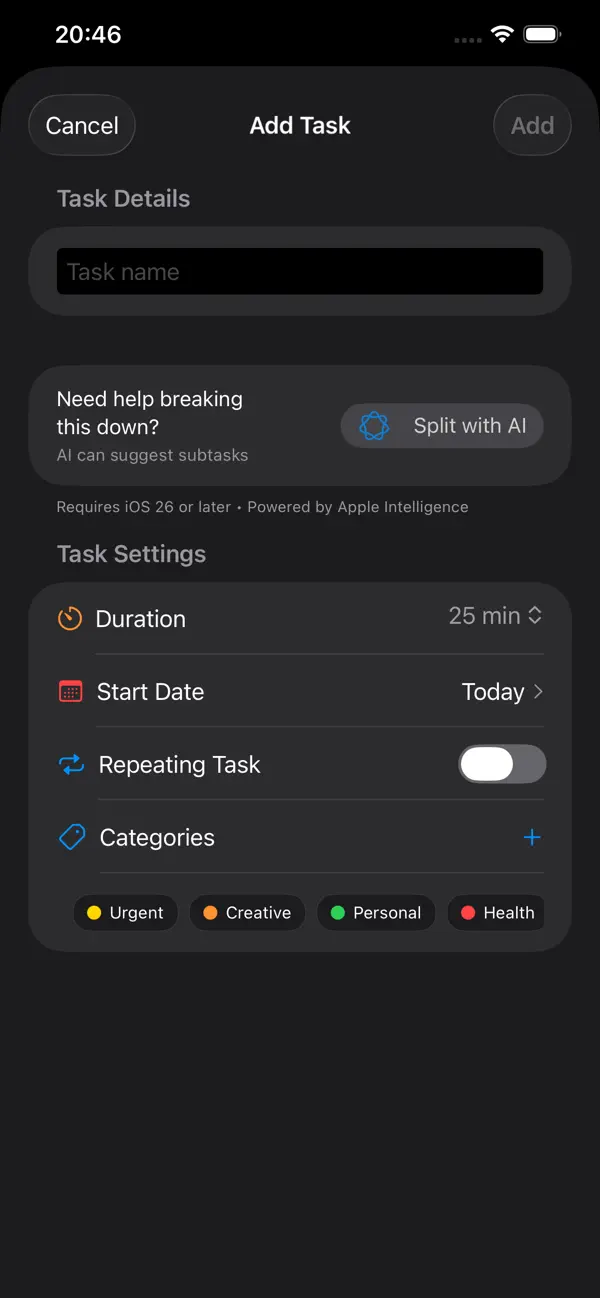 Add Task screen with AI-powered task splitting, duration picker, and category tags